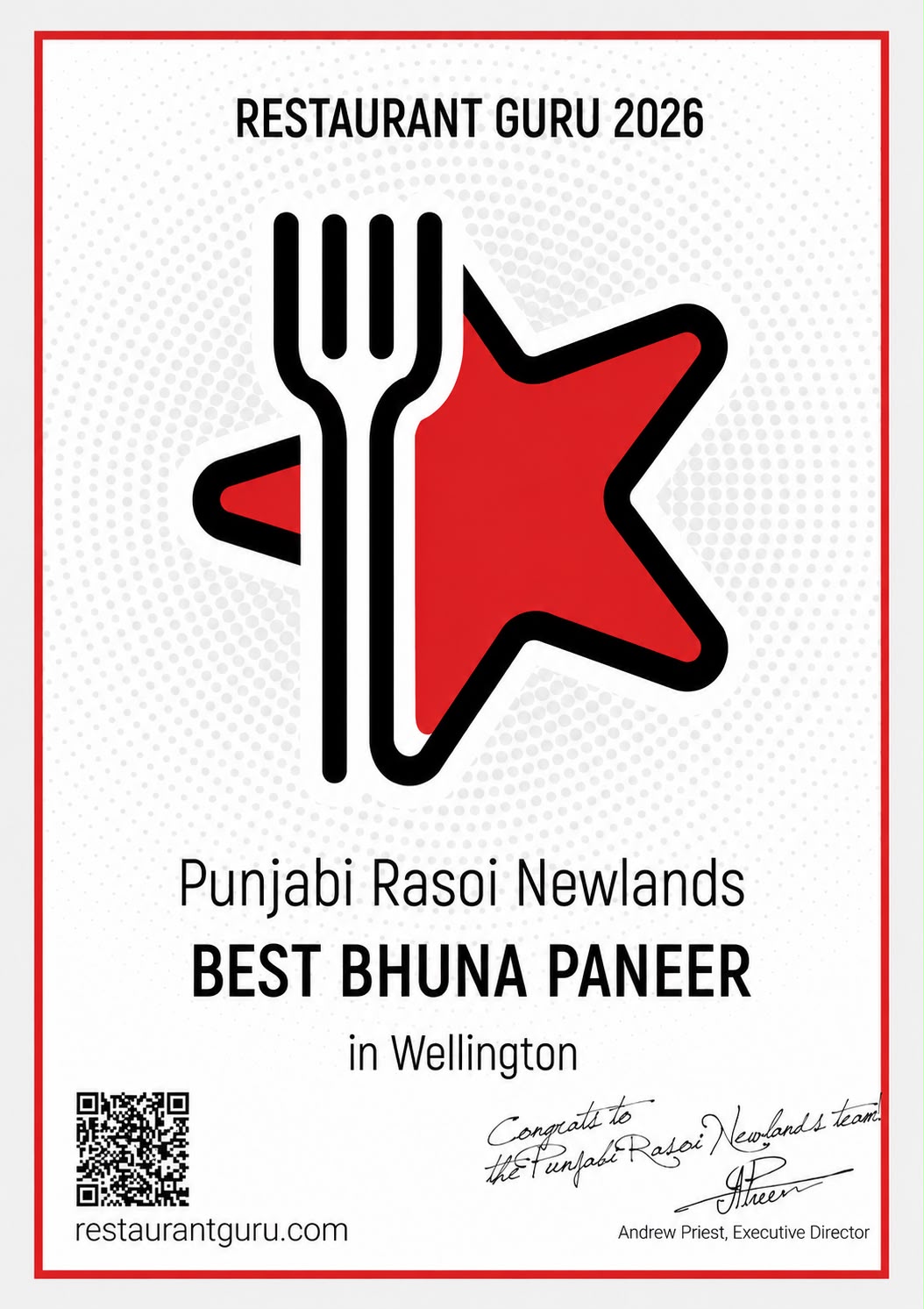 Restaurant Guru 2026 award — Best Bhuna Paneer in Wellington, Punjabi Rasoi Newlands